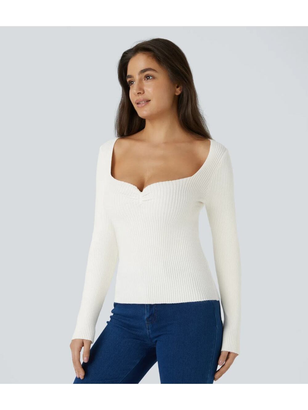 Halara Sweetheart Neck Long Sleeve Slim Casual Jumper White Size Small